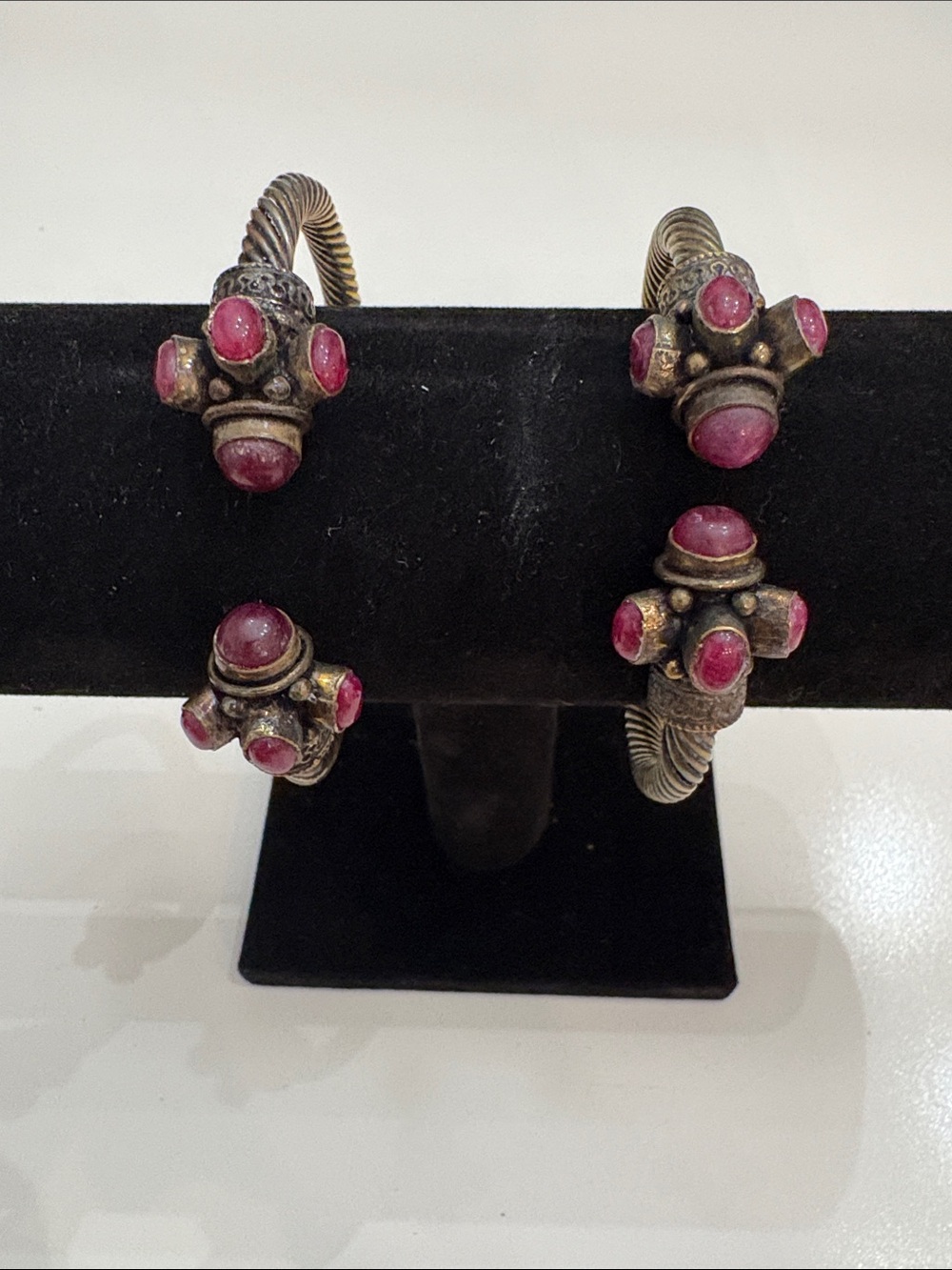 Vintage Tribal Silver Plated Cable Cuff Bracelets-2 Bangle Torque w/ Garnet